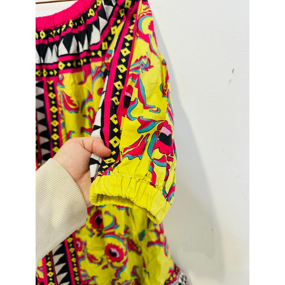 LA DOUBLEJ Yellow Paisley Mod Geo Print Three Quarter Sleeve Off Shoulder Dress - Picture 12 of 16
